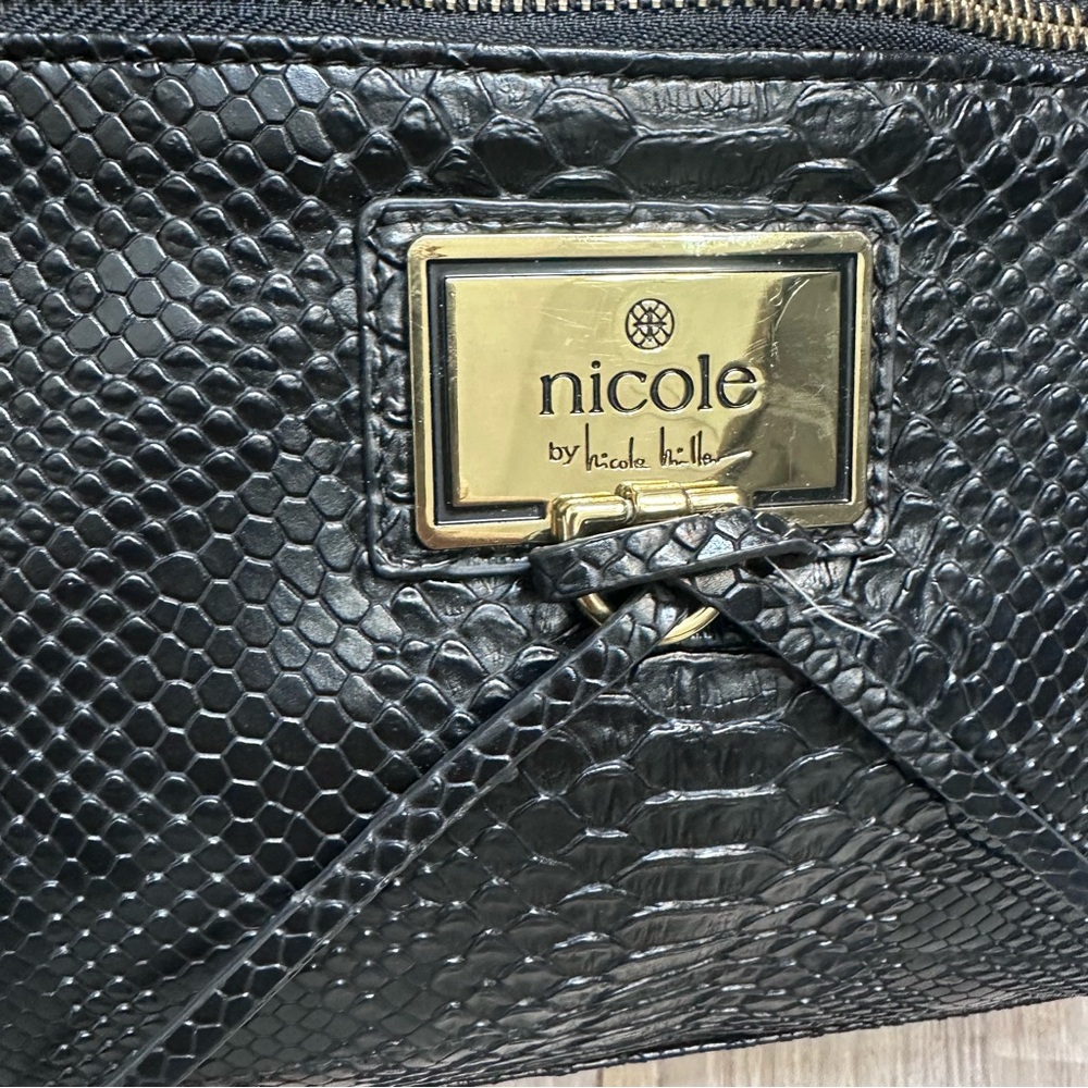 Nicole Miller Black Faux-Snake Shoulder Bag with Gold Accents - Picture 2 of 13